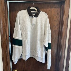 Abercrombie Gray Rugby Sweater with Corduroy Collar and Green Sleeve Stripes